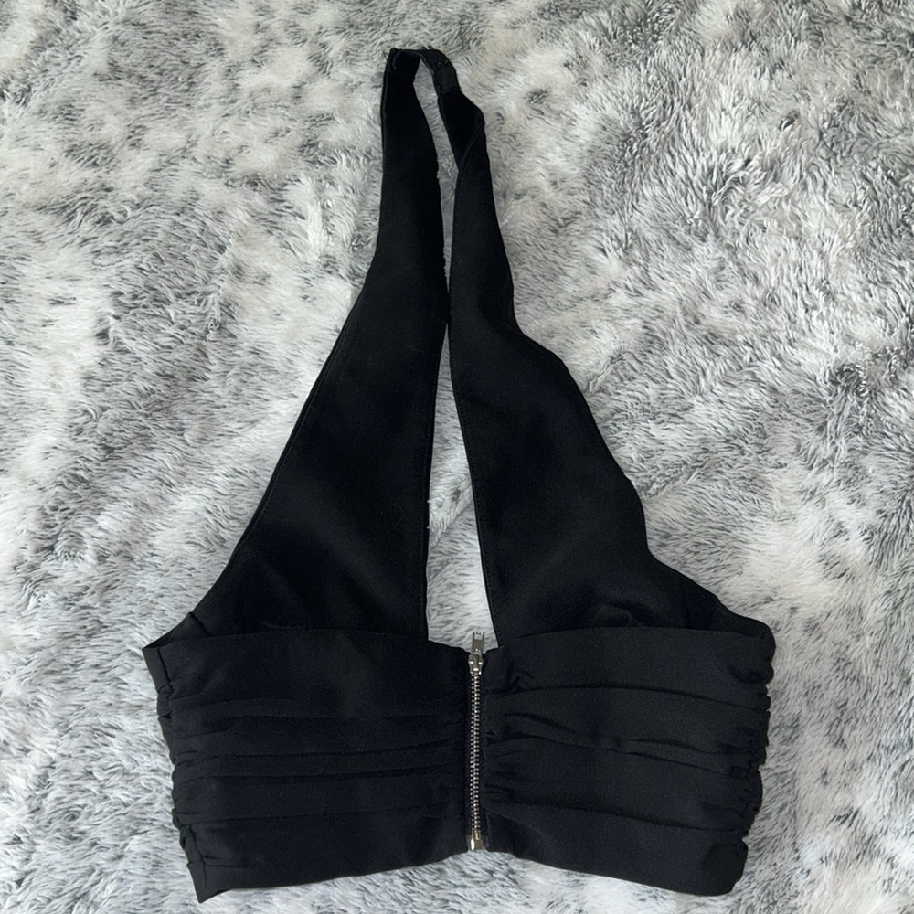 Oh Polly Black Halter Zip-Front Crop Top - Picture 3 of 4